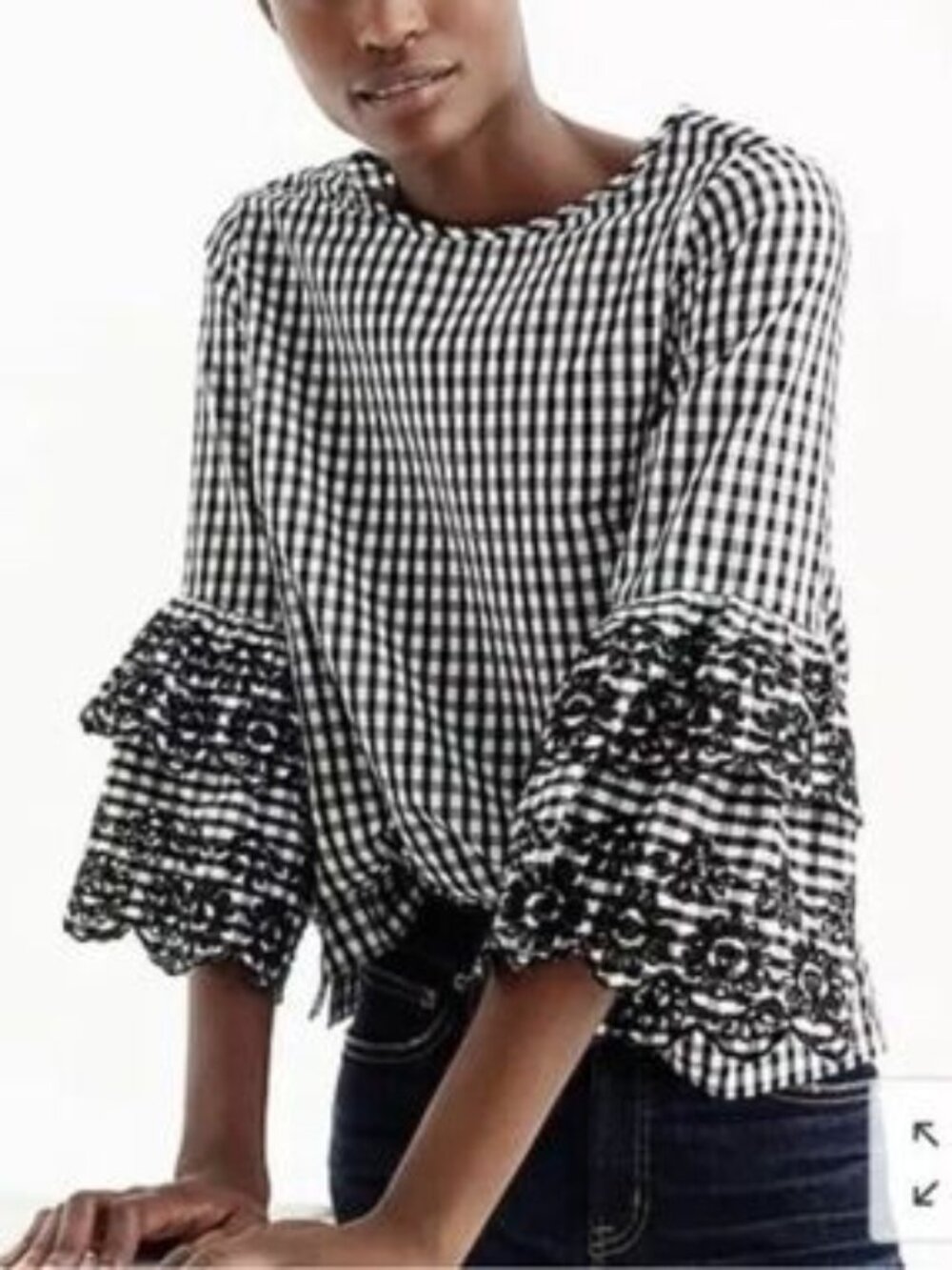 EUC J. Crew Gingham Top Embroidered Bell Sleeve Size 2